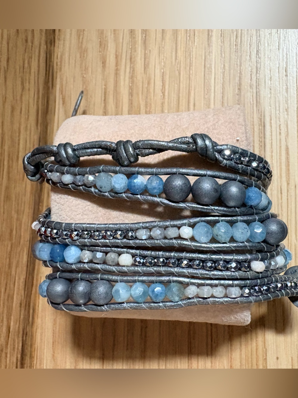 Chan Luu Silver Hematine and Aquamarine Crystals on a Grey Leather Wrap Bracelet